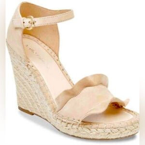 Marc Fisher Kickoff Leather Open Toe Wedge Sandal Ruffle Heels Bohemian Tan 10